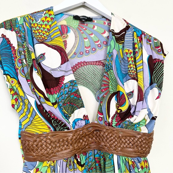 Sky Peacock Print Leather Braided Belt Silk Top - Picture 2 of 9